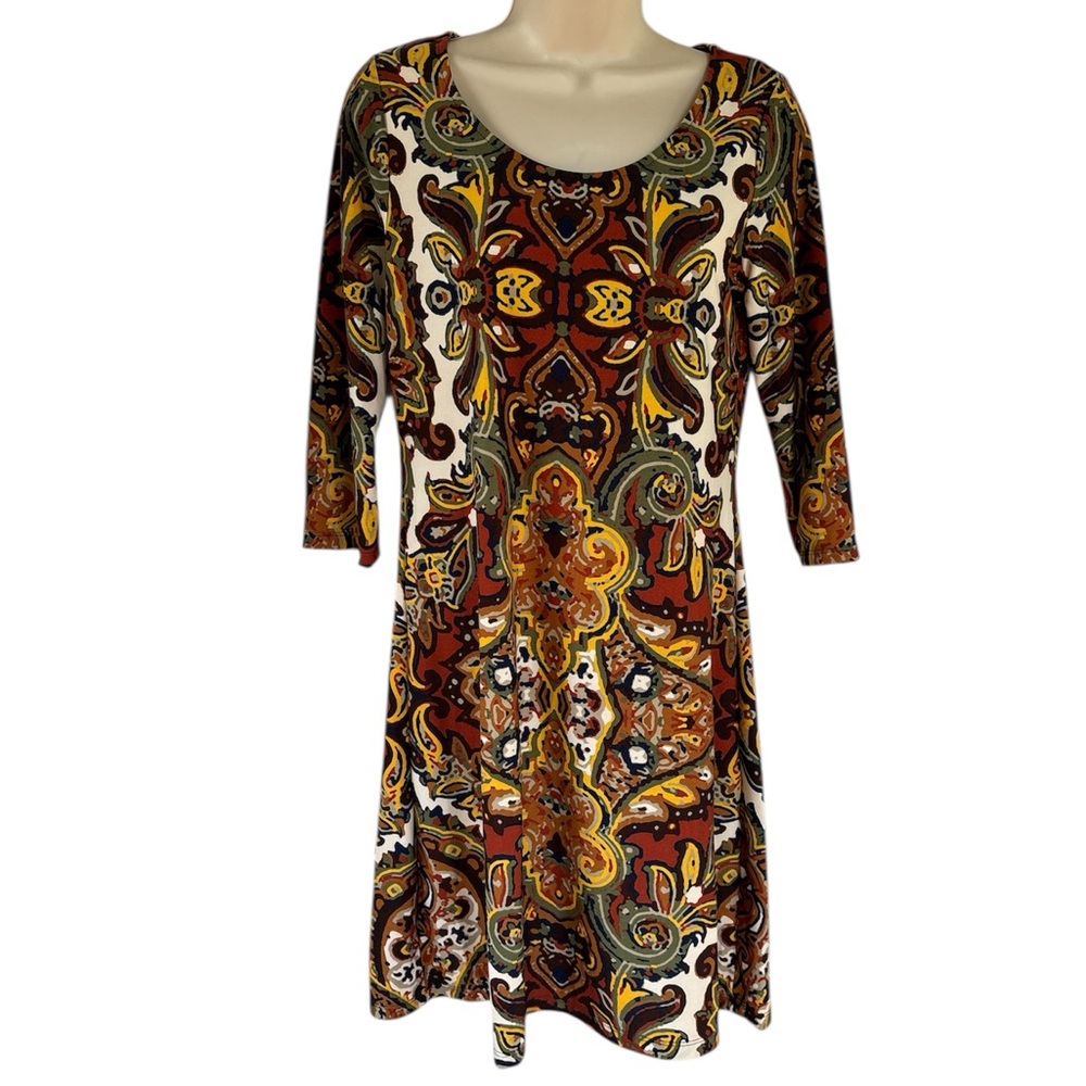 Haani Women's Multicolor Paisley Print 3/4 Sleeve Midi Dress Size M Petite